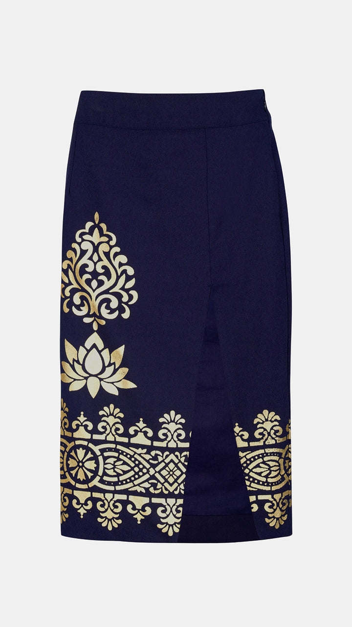 Fusion Cotton Metallic Foil Print Sheath Skirt, highlighting its fitted silhouette.