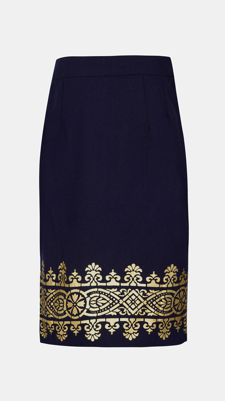 Tailored  Nesavaali's Cotton Metallic Foil Print Sheath Skirt, perfect for those who appreciate sustainable fashion.