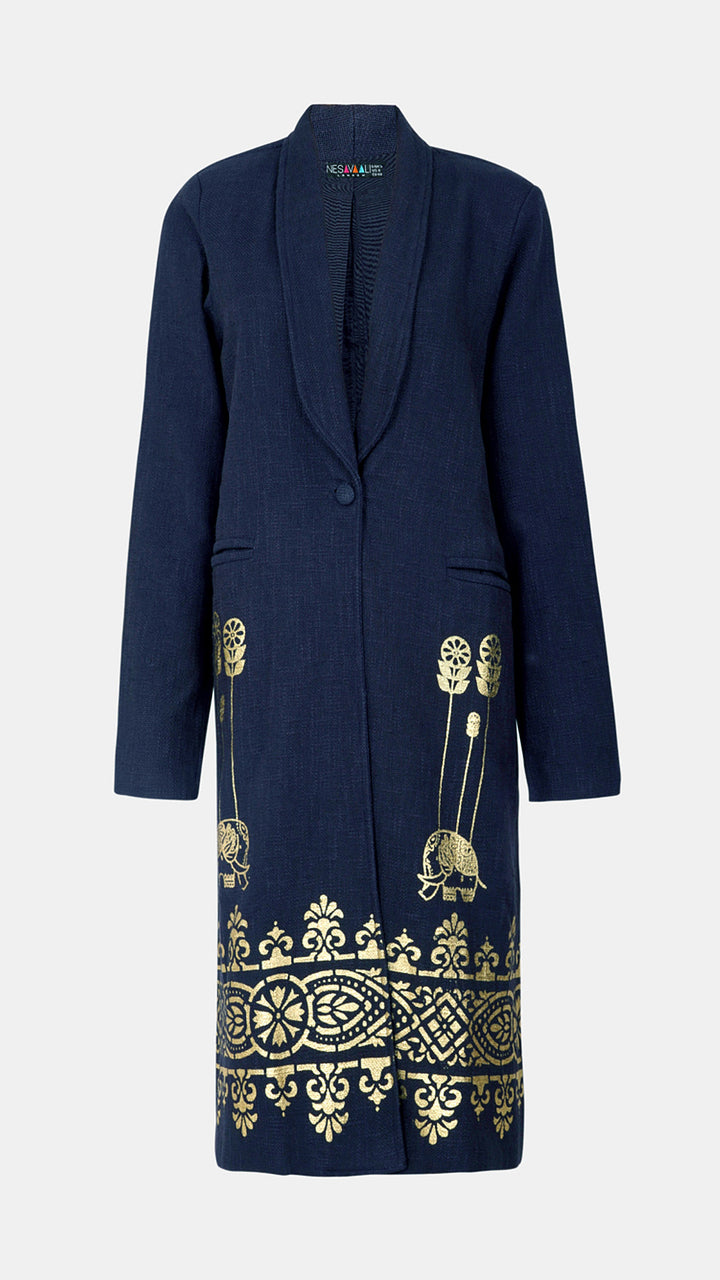 Fashion AW24 Outwear Handloom Cotton Metallic Print Long Coat, highlighting its artisanal craftsmanship.