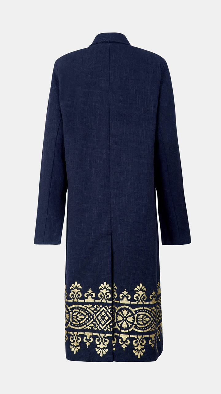 Aw24 Nesavaali London Handloom Cotton Metallic Print Long Coat, perfect for sustainable and ethical fashion lovers.