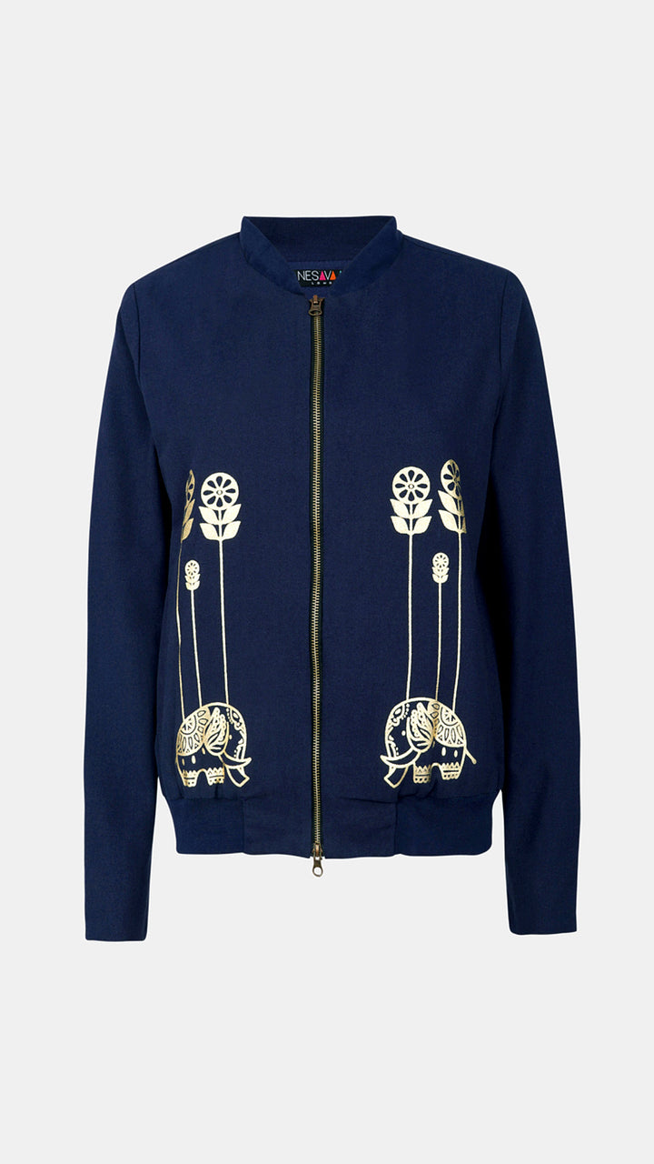 Ghost cut out view of the Navy Metallic Printed Bomber Jacket from the front