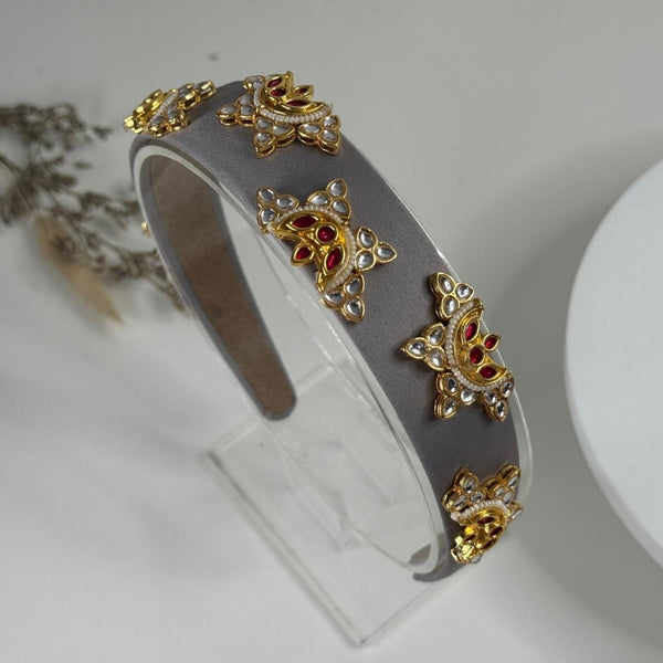 Gray Kundan-Embellished Satin Statement Hairband