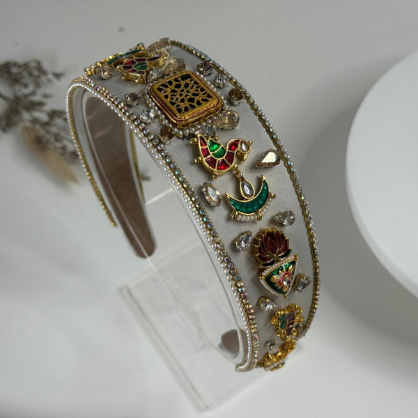 White Kundan-Embellished Satin Statement Hairband