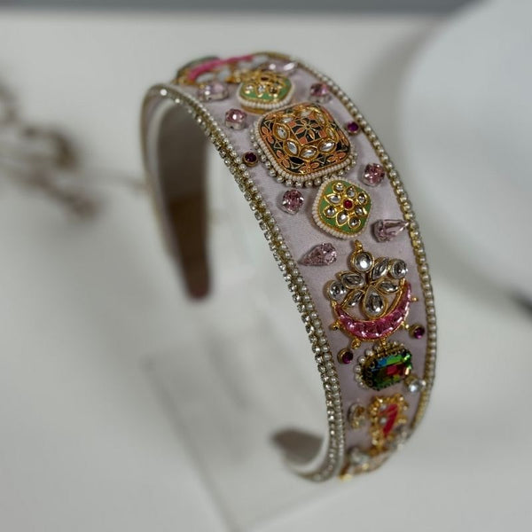 Pale Pink Kundan-Embellished Satin Statement Hairband