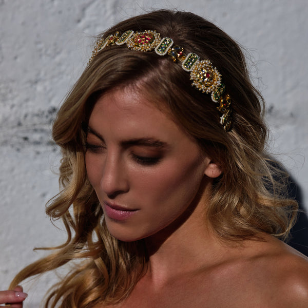 Pearl Embellished Gold Hairband With Intricate Enamel Stones For Weddings & Festivals