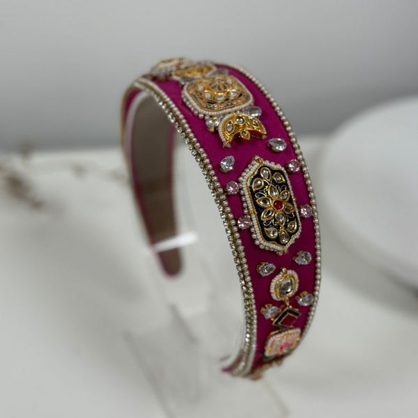 Pink Kundan-Embellished Satin Statement Hairband