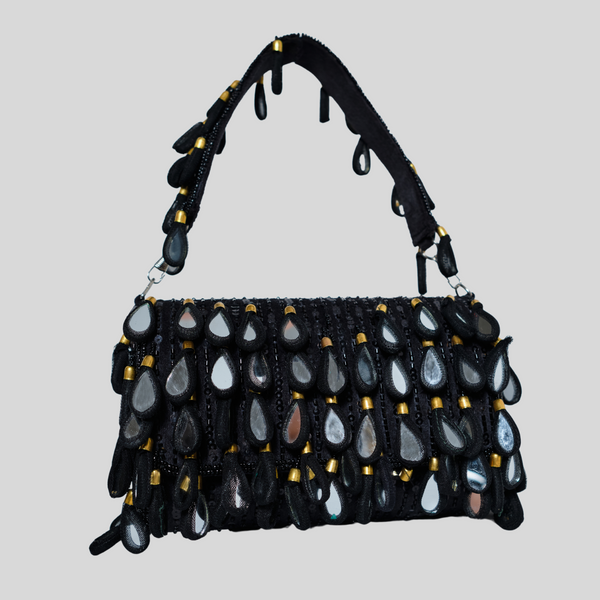 Nesavaali Luxury Handcrafted Mirror Flap Bag In Black