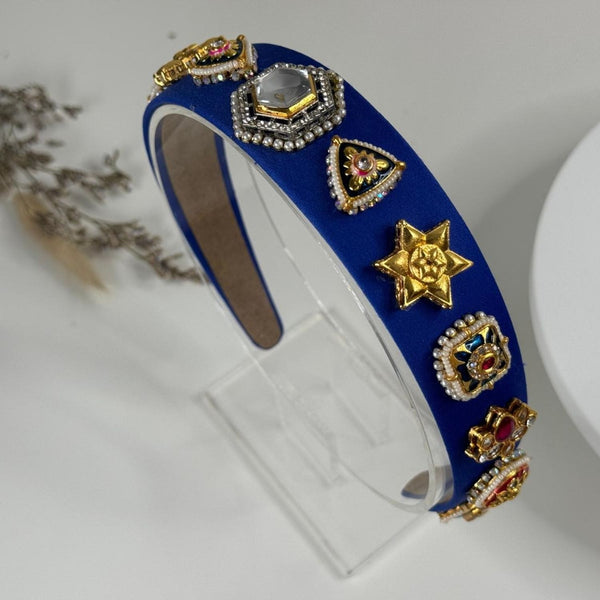 Royal Blue Kundan-Embellished Satin Statement Hairband