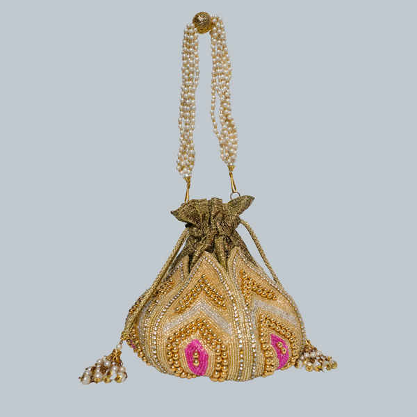 Nesavaali Luxury Handcrafted Gold Beaded Lotus Potli