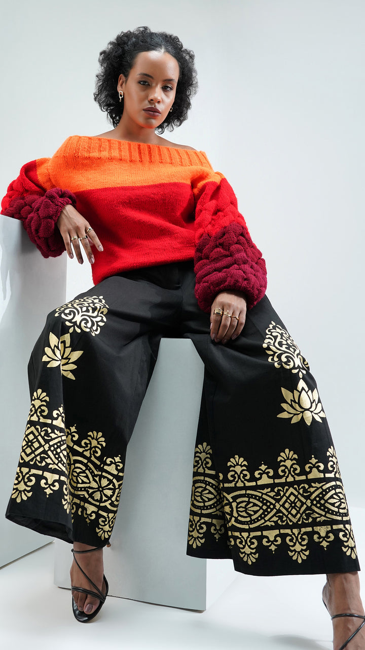 Women's Clothing Screen Printed Black Wide Leg Trousers, focusing on the intricate prints and craftsmanship.