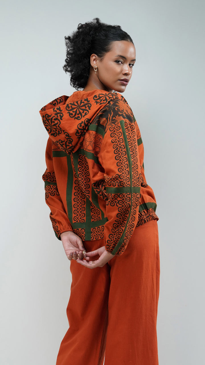 Rust Boho Printed Bomber Jacket, suitable for casual outings or fashionable events.
