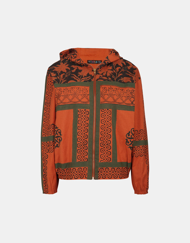 Rust Boho Printed Bomber Jacket, featuring intricate hand-block placement prints.