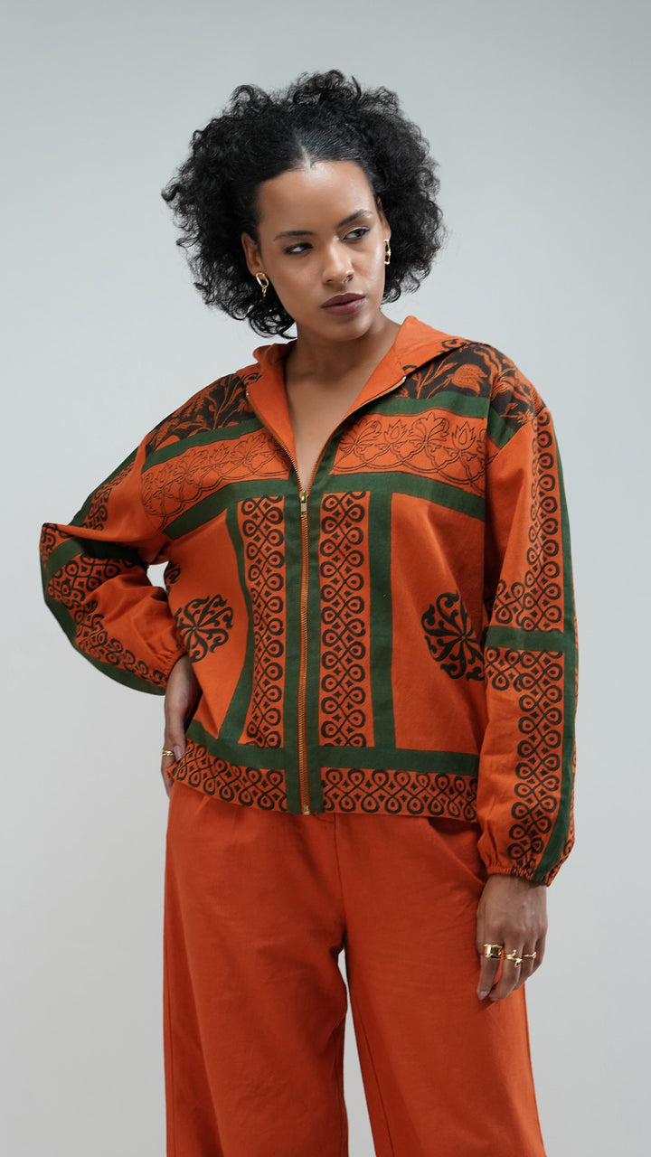 Rust Boho Hand Block Printed Bomber Jacket, highlighting its stylish puffed sleeves.