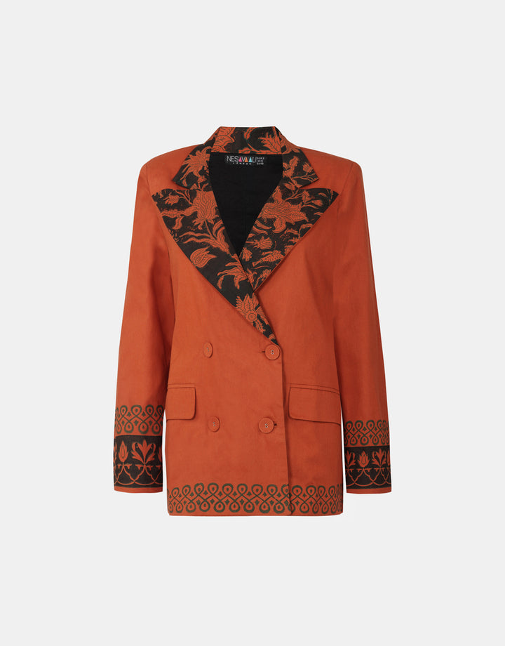 Rust Oversized Double-Breasted Blazer, showcasing the intricate hand-block prints.