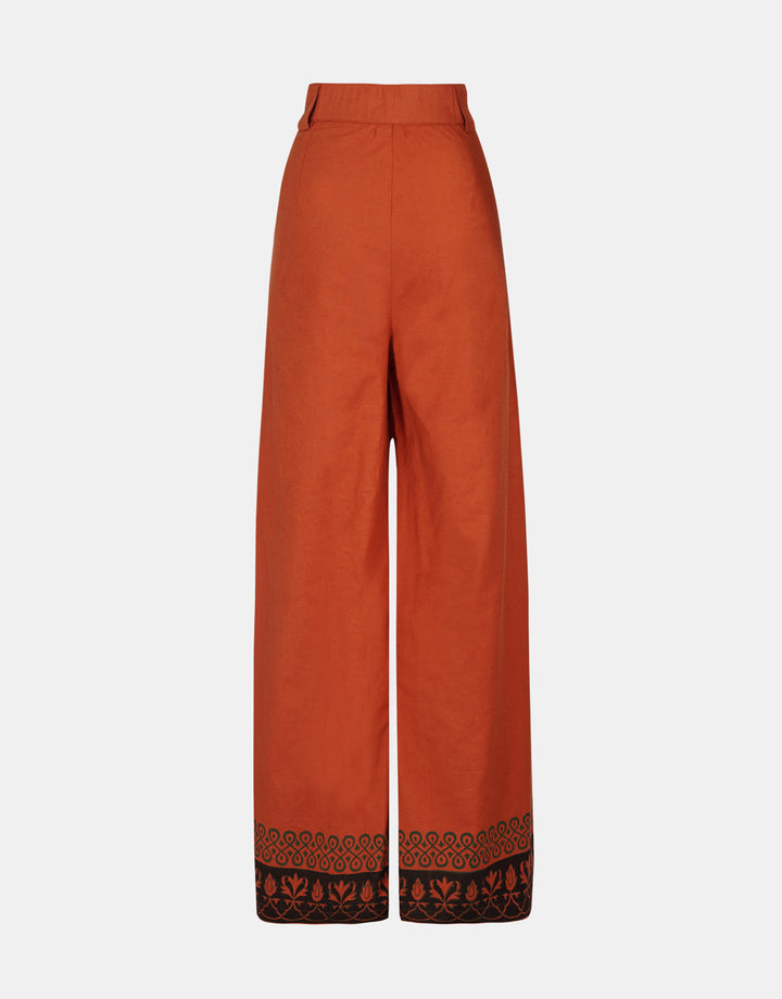 Rust Wide Leg Printed Trousers, perfect for sustainable fashion lovers.