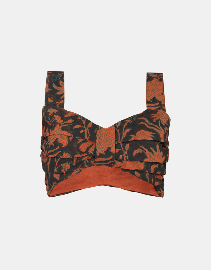 Distressed Artisanal Printed Cotton Cropped Top, showcasing its artistic black hand block prints.