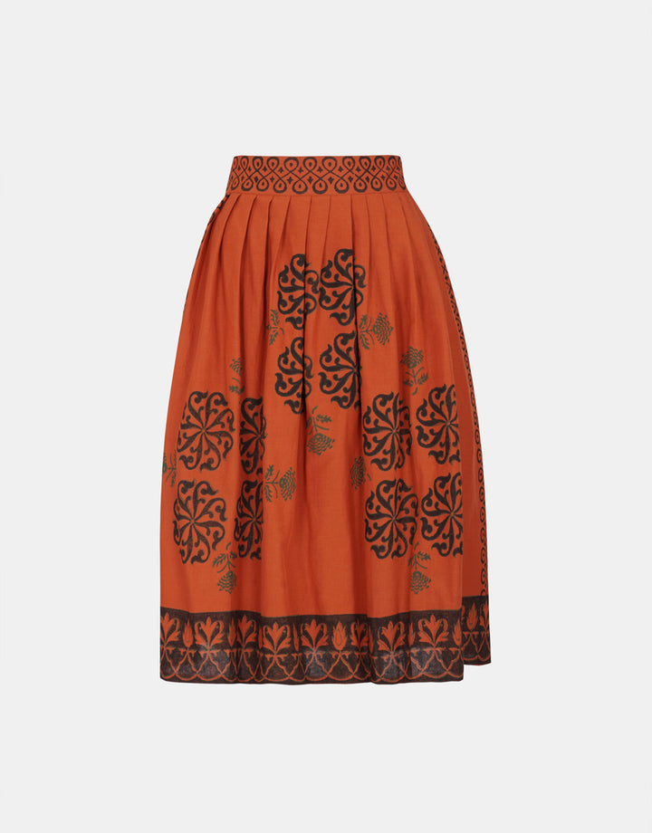 Nesavaali Rust Printed Handcrafted Midi Skirt, highlighting the beautiful pleated design.