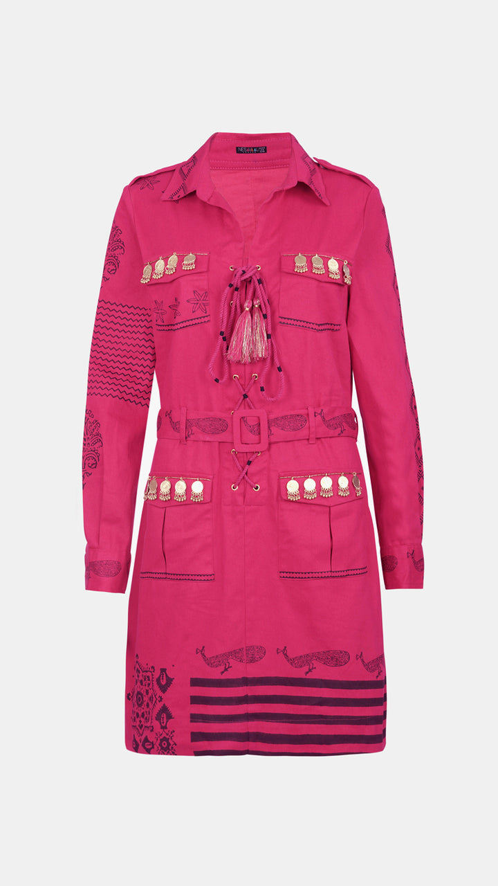 Pink Hand Printed Mini Shirt Dress, highlighting intricate embellishments and prints.