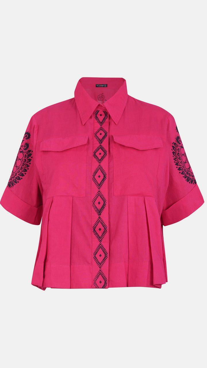 Pink Hand block Artisanal Crop Shirt, perfect for those seeking sustainable fashion options.