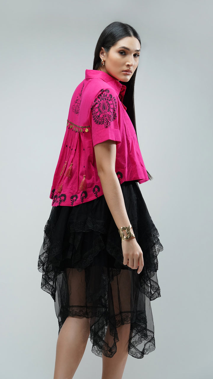 Pink Hand block Artisanal Crop Shirt, emphasizing its relaxed fit and comfort.