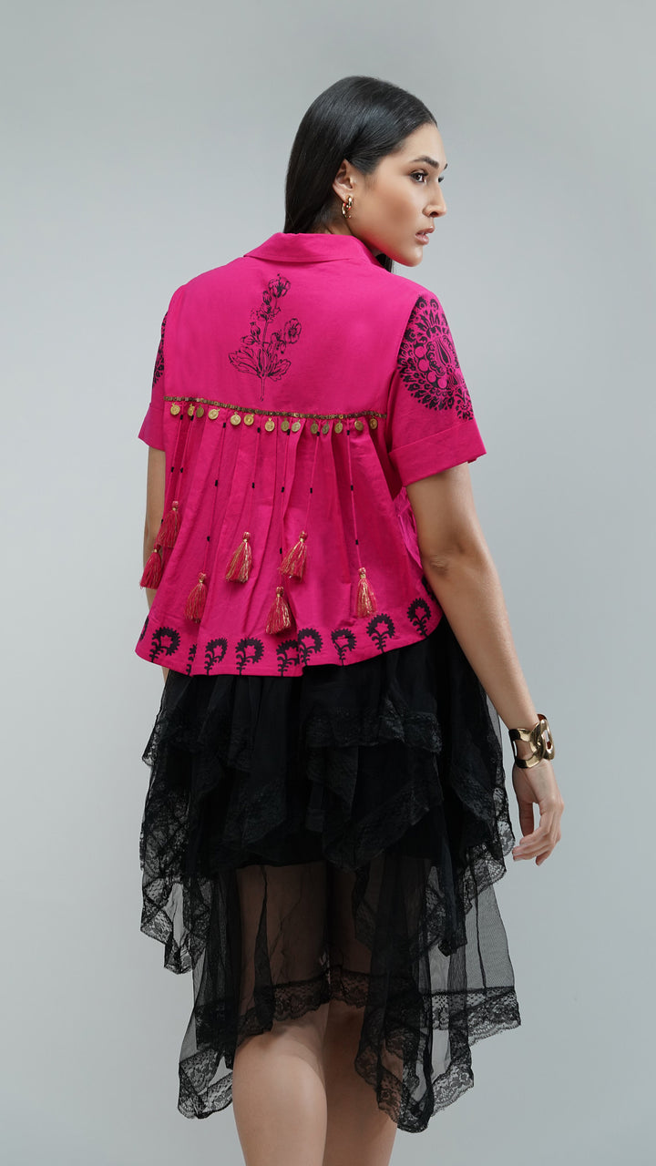 Nesavaali Women's Pink Hand block Artisanal Crop Shirt, styled for casual outings or elegant gatherings.