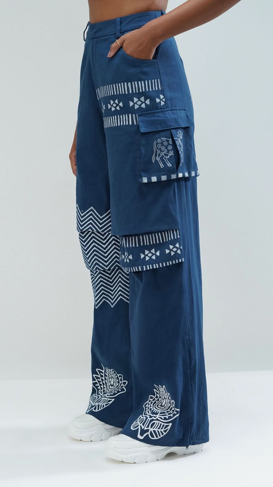 Navy Printed Wide Leg Cargo Trousers, ideal for both casual and formal occasions.