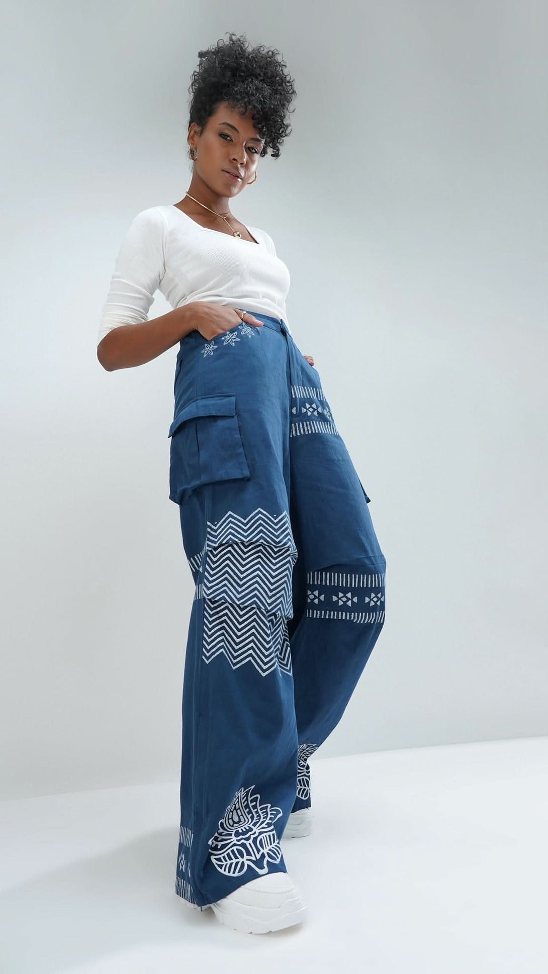 Navy Printed Wide Leg Cargo Trousers, emphasizing their comfortable fit.