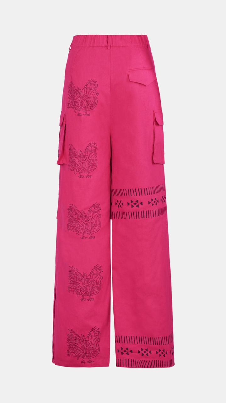 Pink Printed Cotton Designer Cargo Trousers, ideal for sustainable fashion lovers.