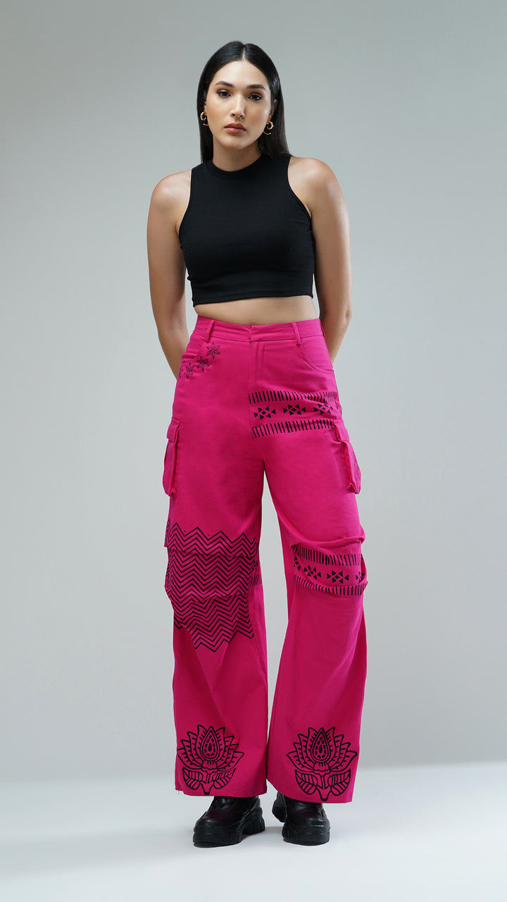 Nesavaali Pink Printed Cotton Designer Cargo Trousers by Nesavaali, showcasing their chic design.