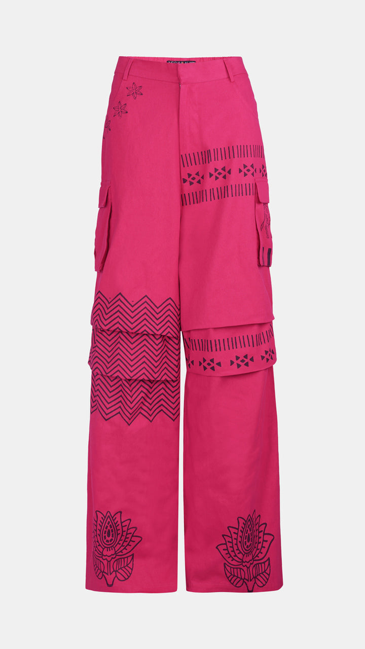 Pink Printed Cotton Designer Cargo Trousers, highlighting the vibrant hand-block prints.