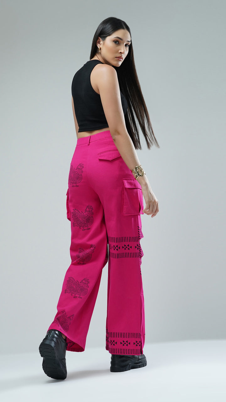 Pink Printed Cotton Designer Cargo Trousers, perfect for casual outings or stylish events.