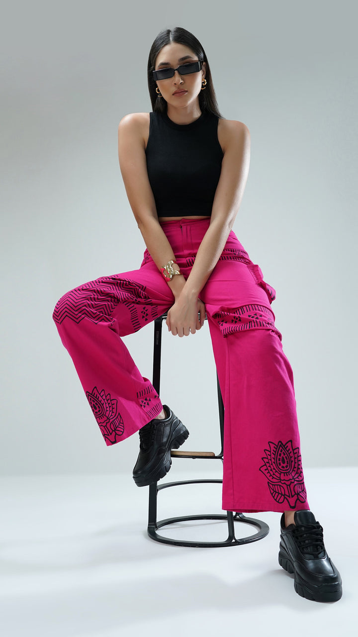 Pink Printed Cotton Designer Cargo Trousers, emphasizing the relaxed yet tailored silhouette.