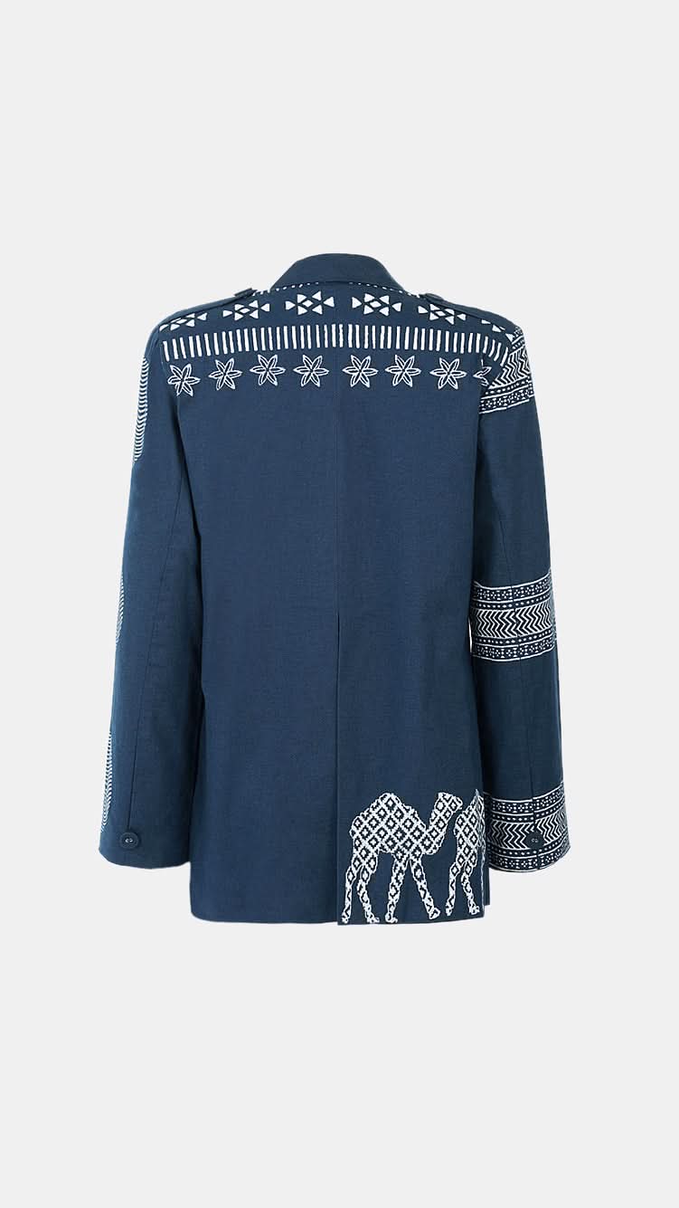Navy Relaxed Fit Printed Blazer, illustrating its soft cotton and stylish features.