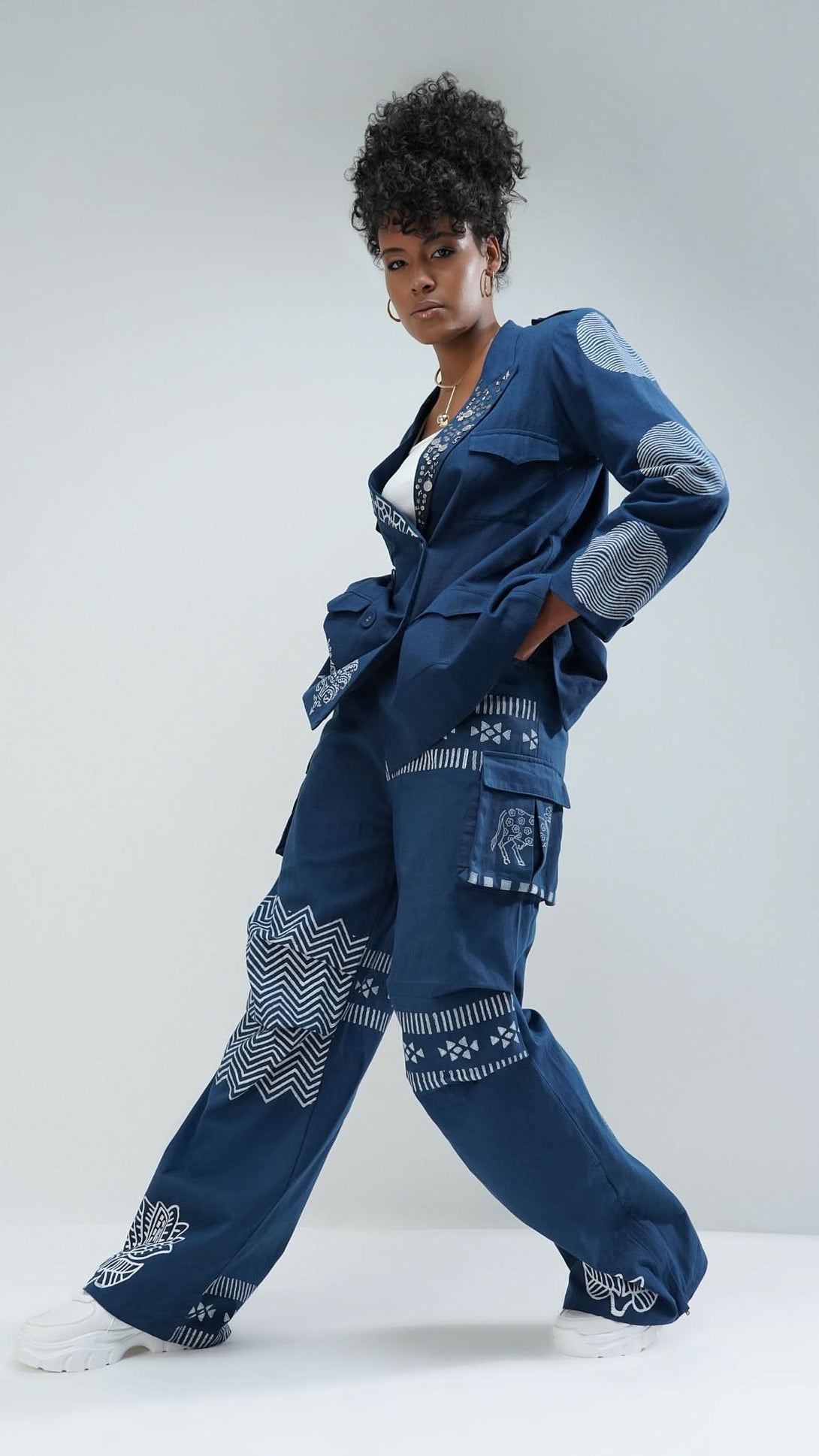 Women's Navy Relaxed Fit Printed Blazer, focusing on the unique block prints and fabric quality.