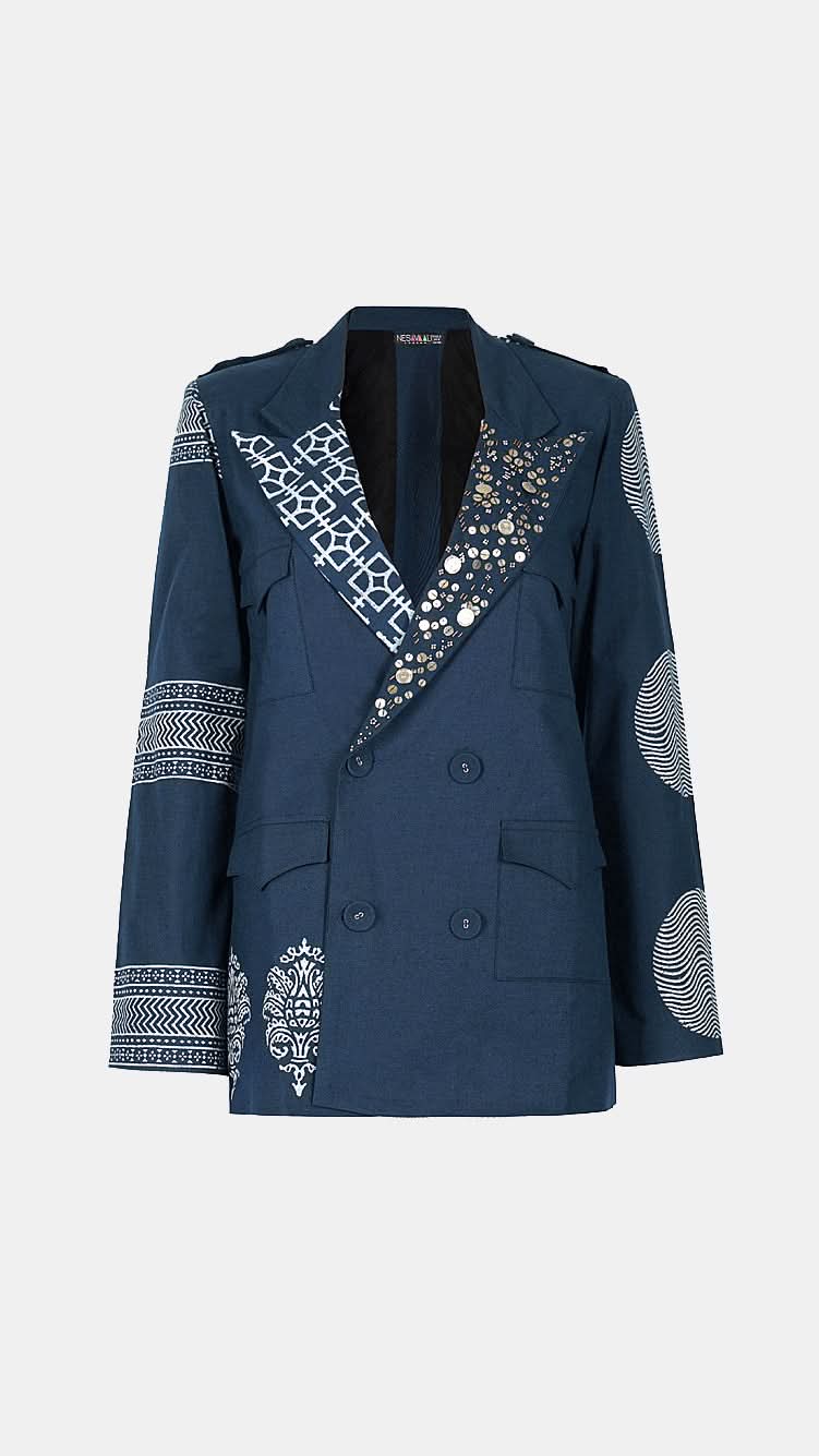 Nesavaali Navy Relaxed Fit Printed Blazer, perfect for those who value sustainable fashion.