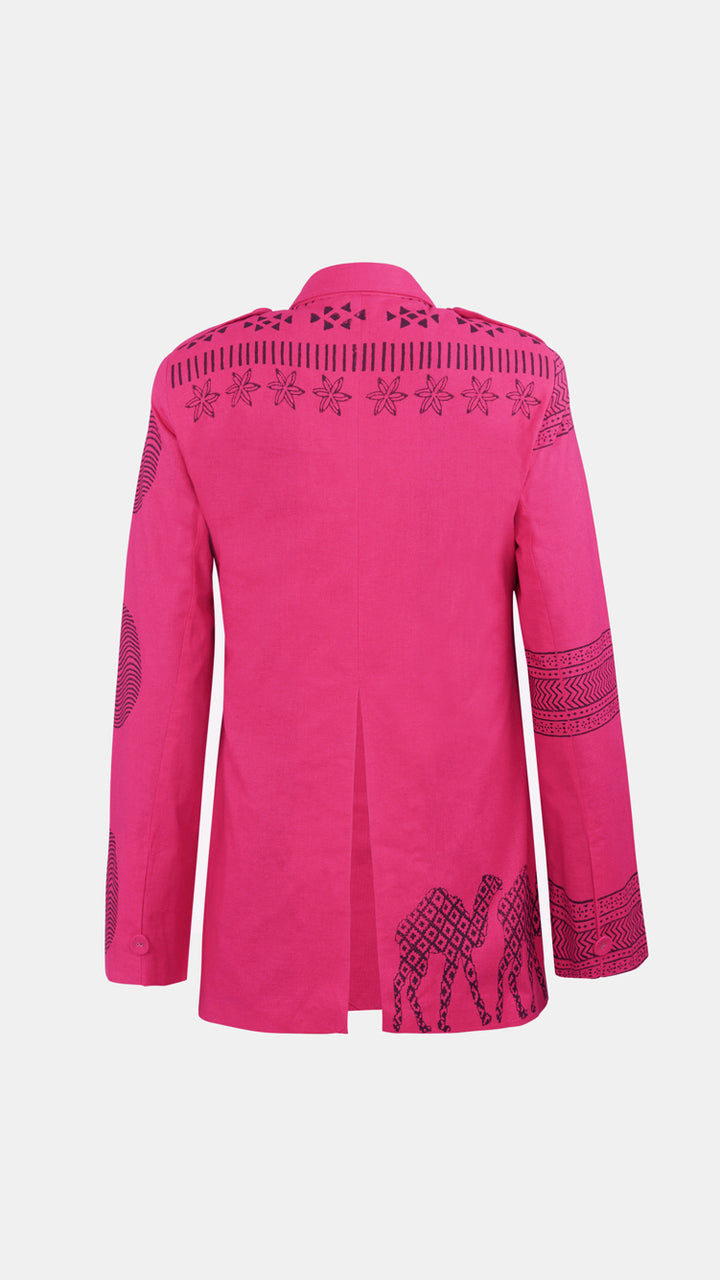 Pink Relaxed Fit Printed Blazer, highlighting the beautiful hand-block prints.