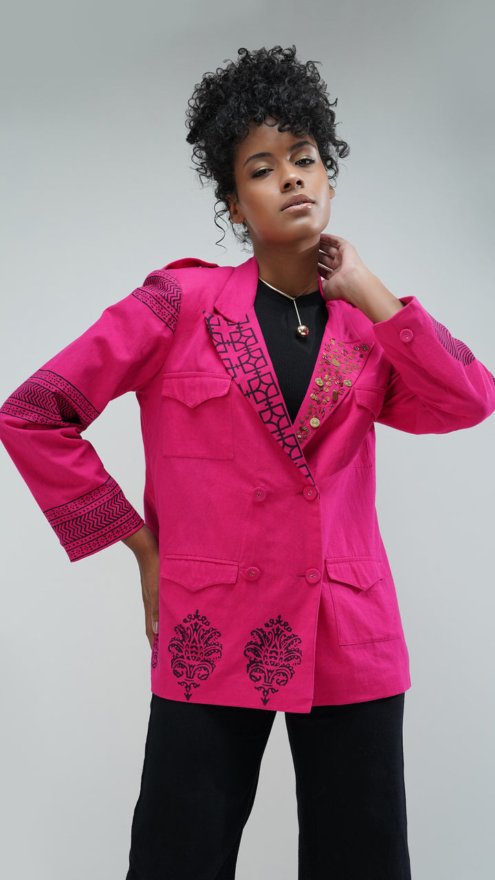 Nesavaali Pink Relaxed Fit Printed Blazer, emphasizing its relaxed and chic fit.