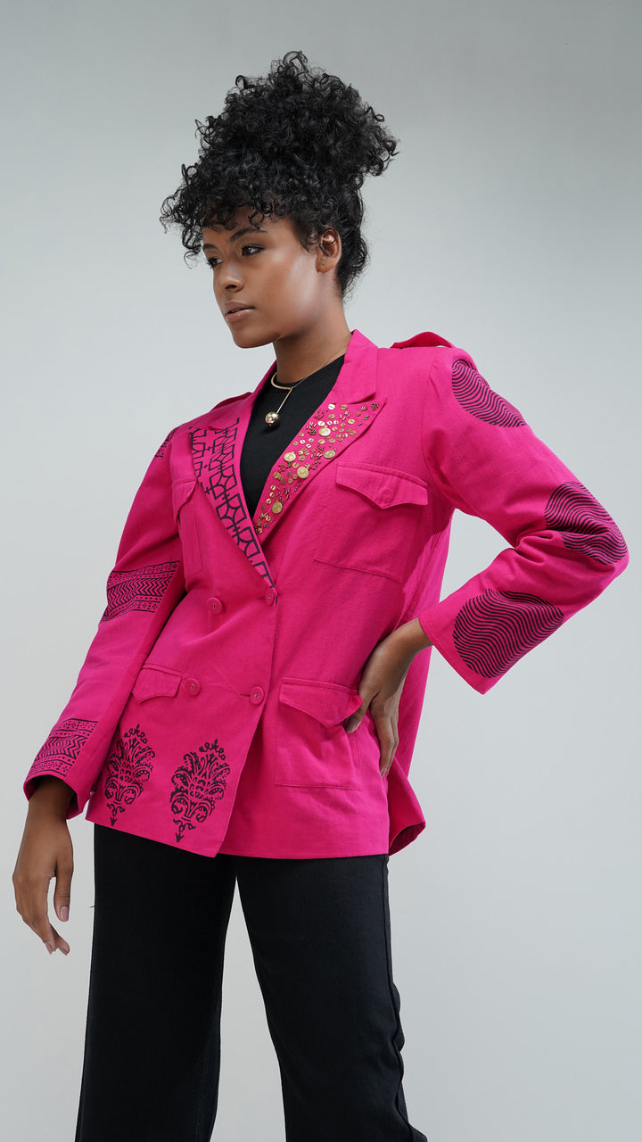 Nesavaali Pink Relaxed Fit Printed Blazer by Nesavaali, showcasing its stylish design.