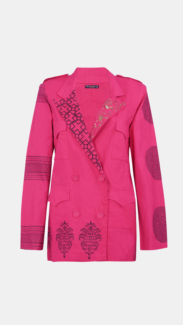 Nesavaali Pink Relaxed Fit Printed Blazer, highlighting the beautiful hand-block prints.