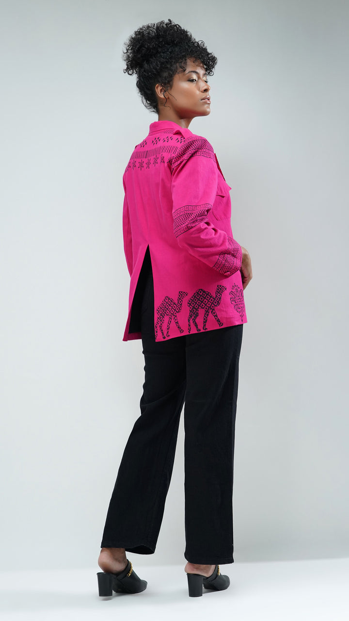 Pink Relaxed Fit Printed Blazer, perfect for work meetings or casual outings.