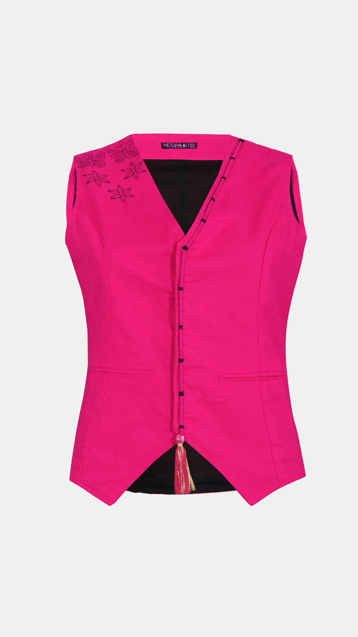 Nesavaali Women's  Pink Handmade Tailored Waistcoat, highlighting the unique craftsmanship.