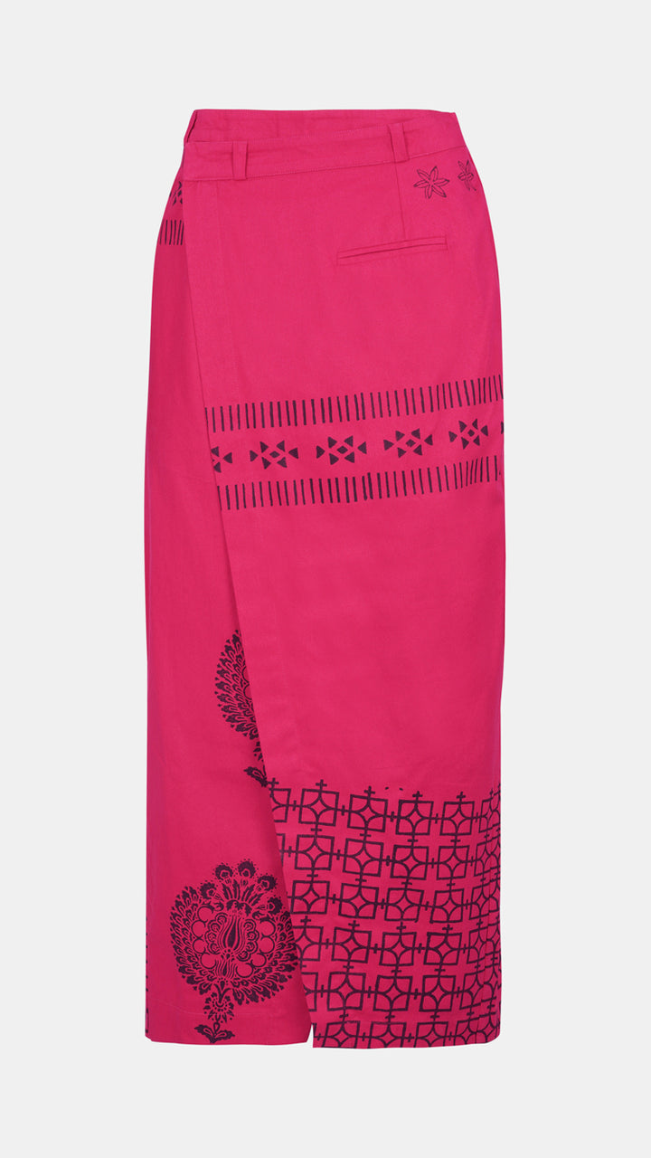 Women's Designer Pink Wrap Over Printed Maxi Skirt, highlighting the artisanal prints.