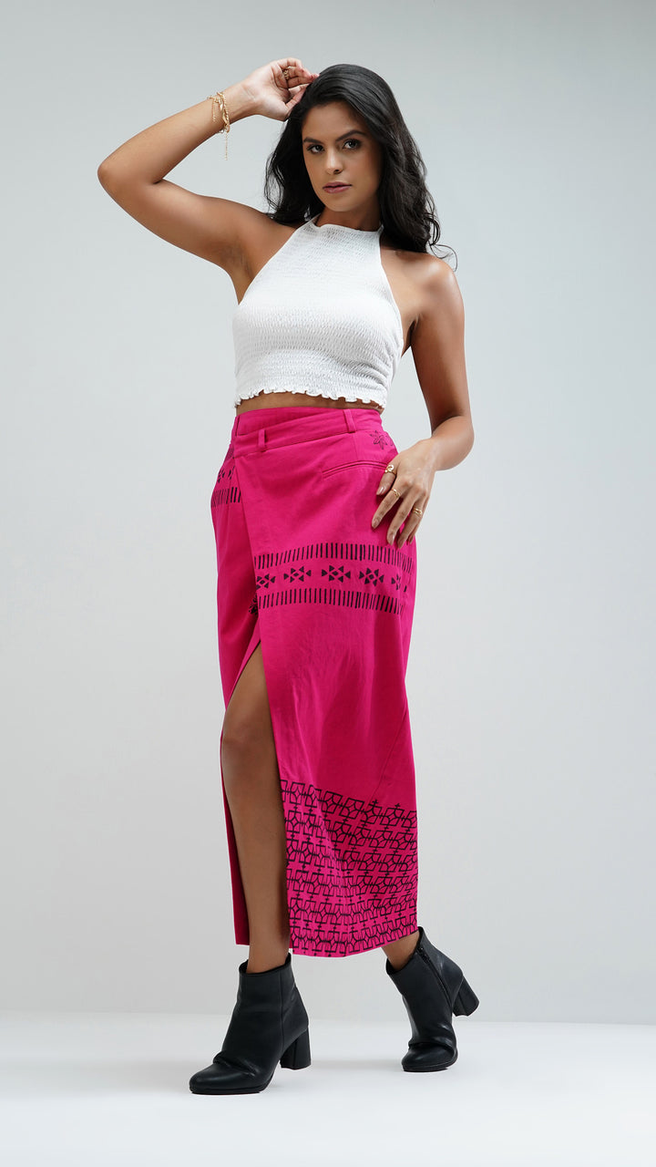 Nesavaali Pink Wrap Over Printed Maxi Skirt, emphasizing its comfortable and stylish fit.