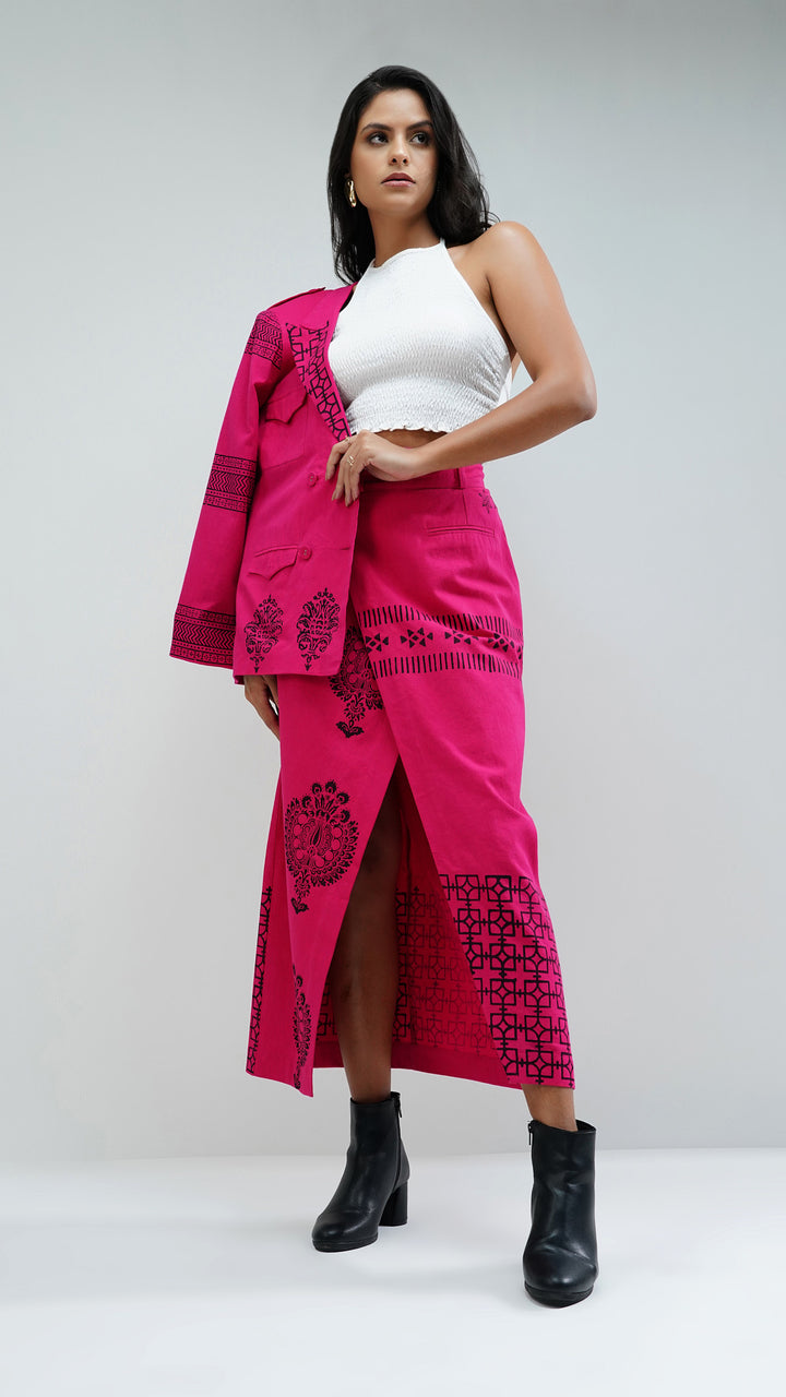 Nesavaali Pink Wrap Over Printed Maxi Skirt, focusing on the intricate fabric details.