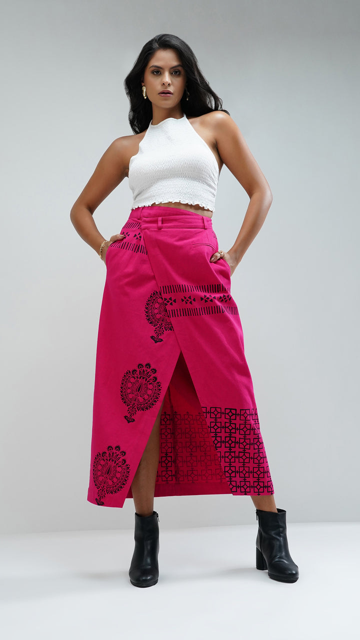 Designer's luxury Pink Wrap Over Printed Maxi Skirt by Nesavaali, showcasing its stunning design.