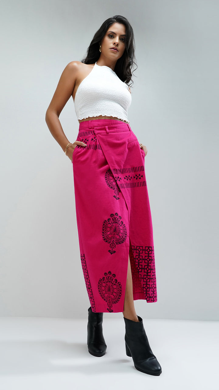 Pink Wrap Over Nesavaali London Printed Maxi Skirt, ideal for both casual and formal occasions.