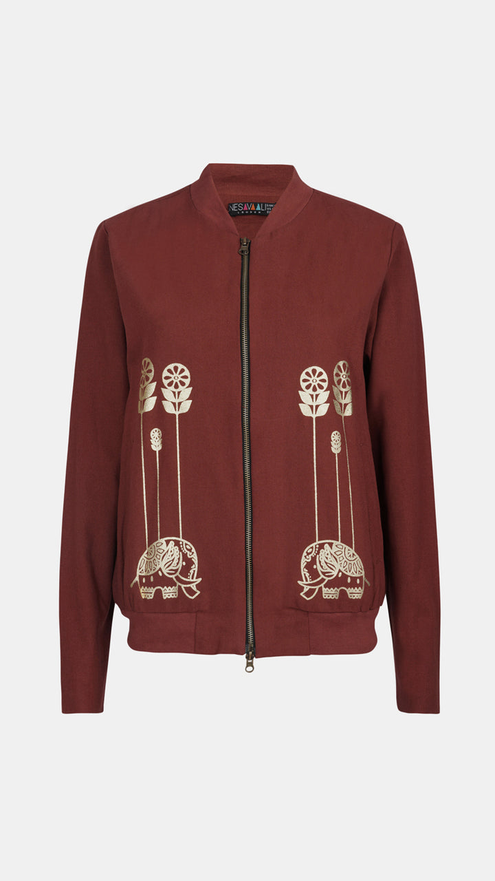 view of the front of the Artisanal Printed Brick Bomber Jacket Nesavaali