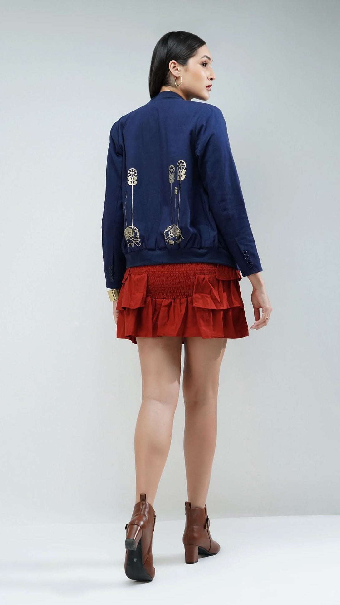  Navy Metallic Printed Bomber Jacket showcasing the artisanal details