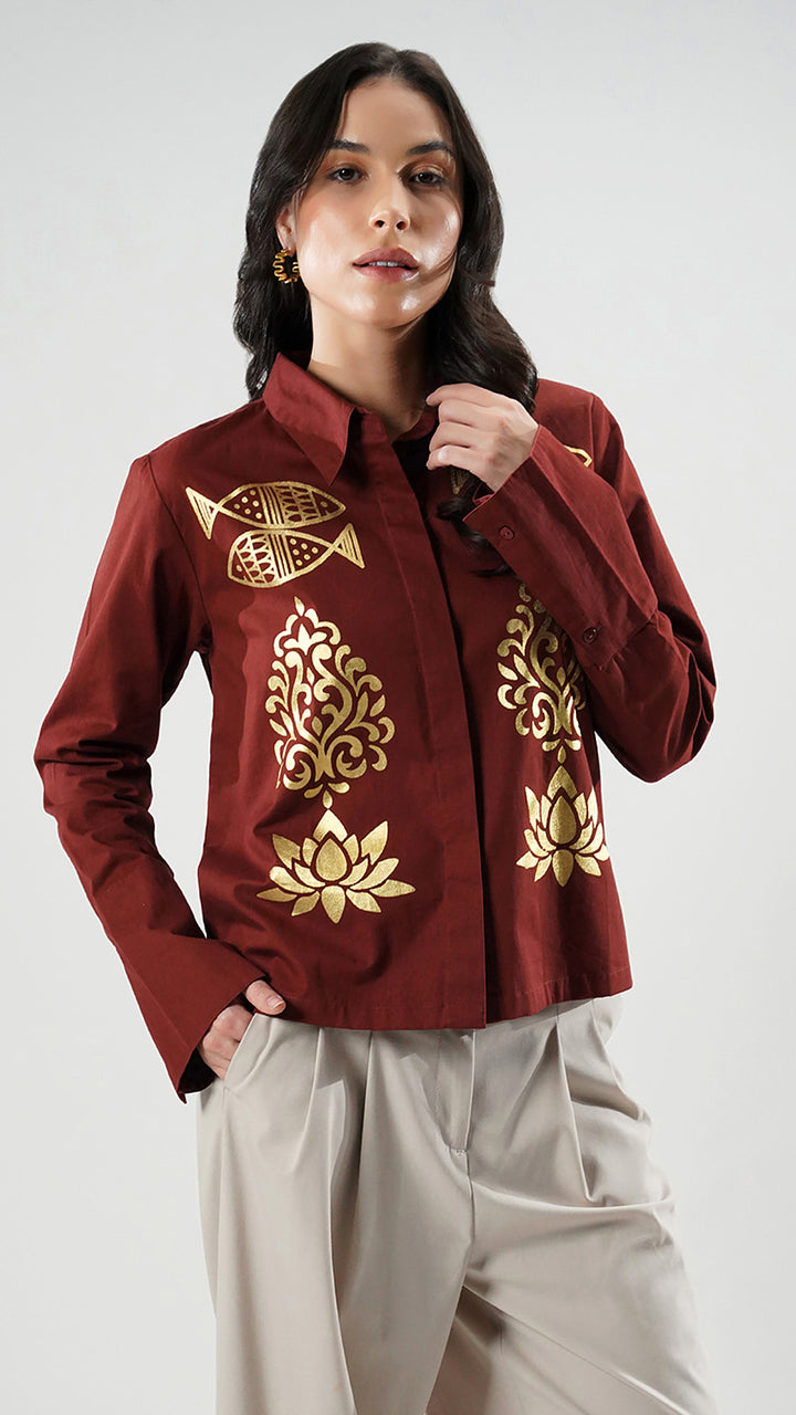 Nesavaali's Boho-Chic Tailored Brick Printed Shirt, emphasizing its comfortable fit and stylish design.