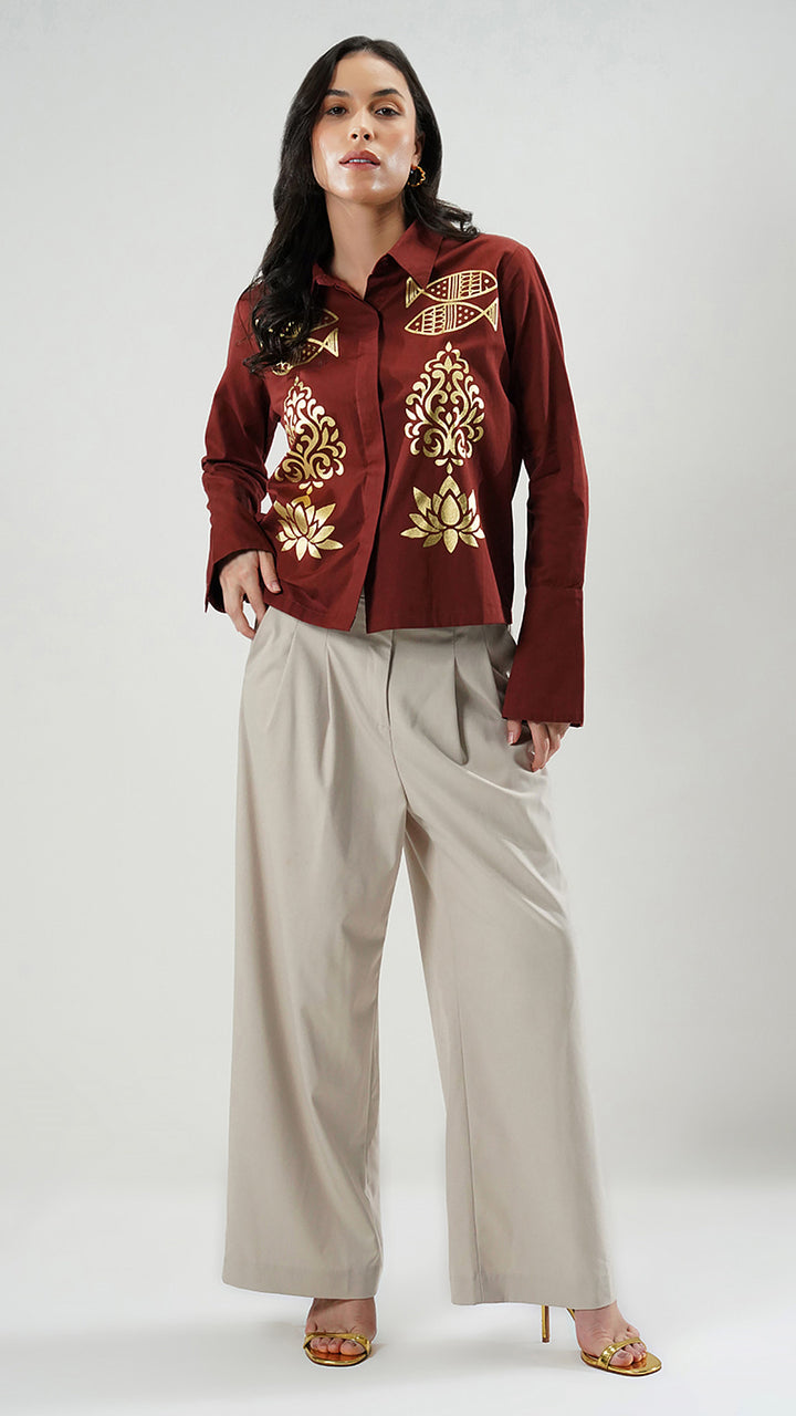 Sustainable Nesavaali London Boho-Chic Tailored Brick Printed Shirt by Nesavaali, showcasing its vibrant designer style.